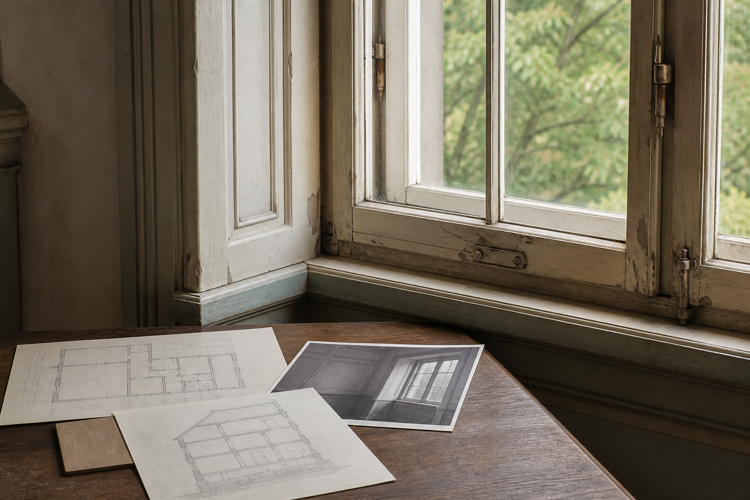 Historisches Holzfenster mit Patina neben neutralen Bestandszeichnungen und einer Zustandsfotografie.