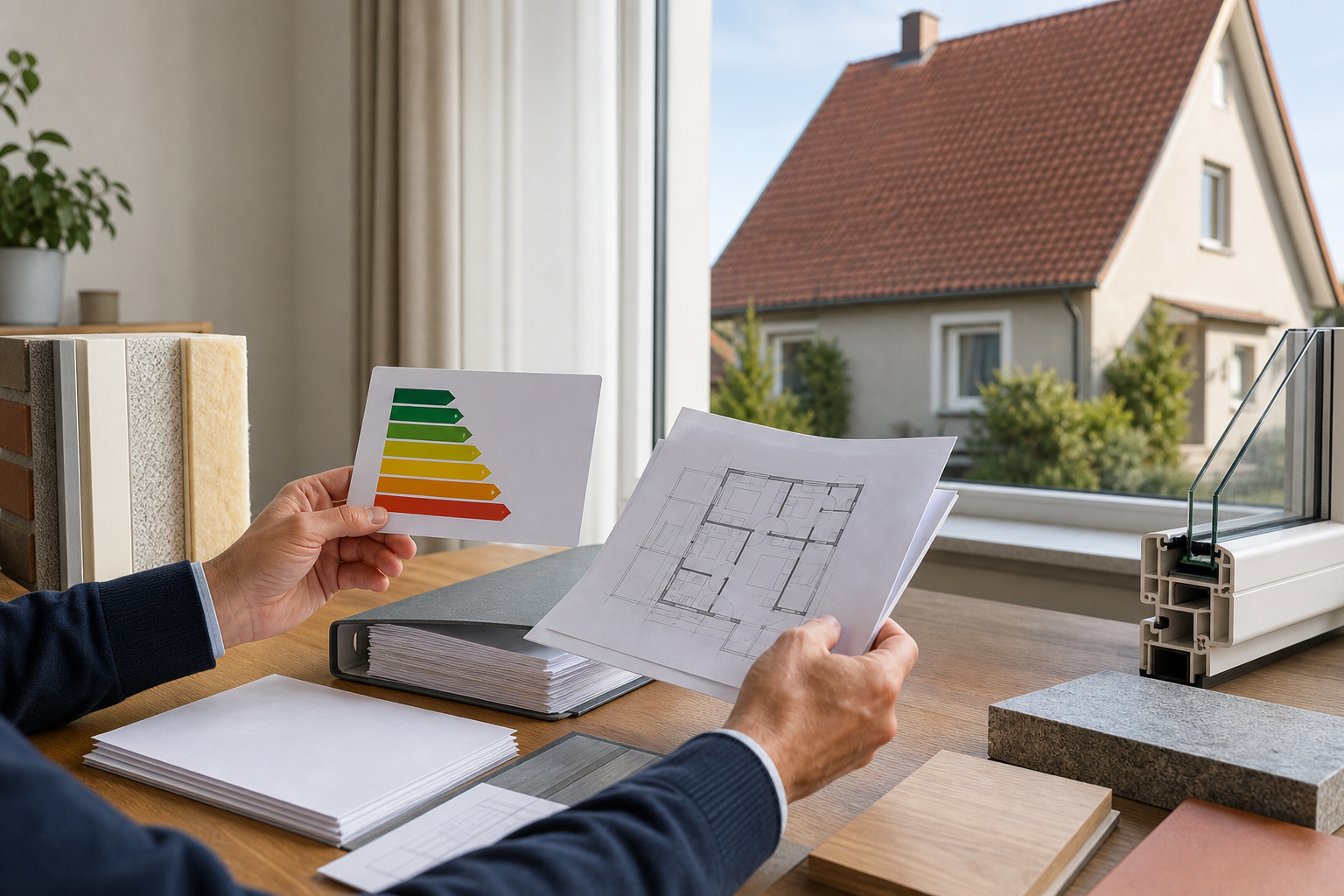 Energieeffizienzskala, Grundriss und Bauteilproben vor einem deutschen Wohnhaus.