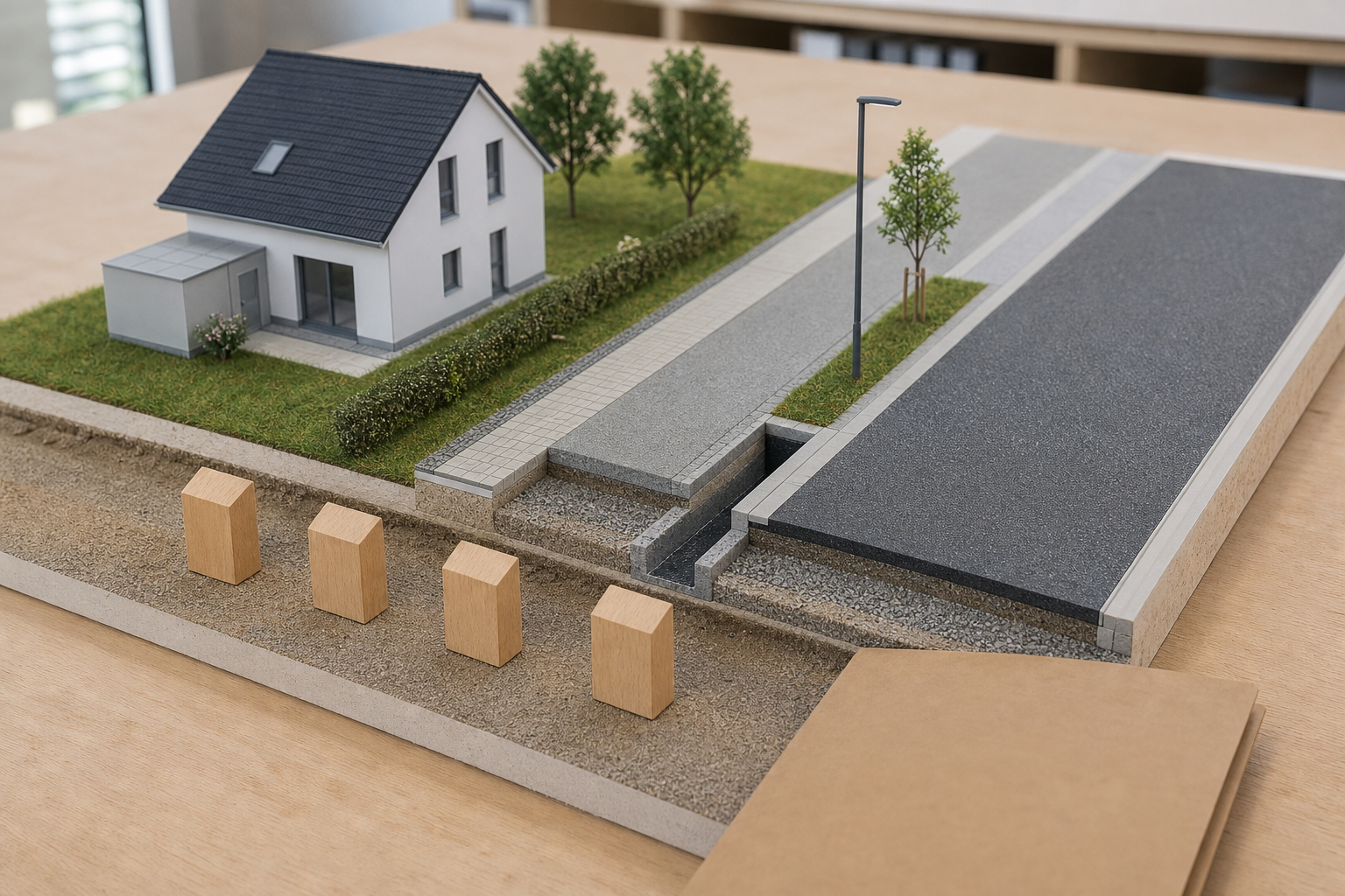 Straßenmodell mit getrennten Ausbauabschnitten und vier neutralen Zeitmarken neben einem Grundstück.