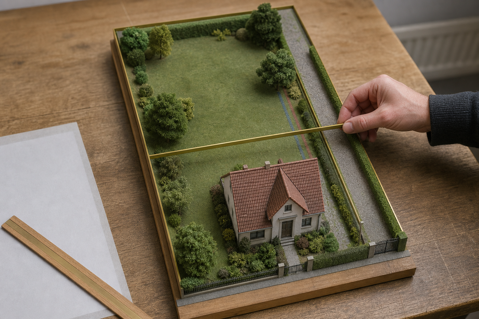 Lose Grenzleiste über einem langen Grundstücksmodell mit Haus, Garten und Zufahrt.