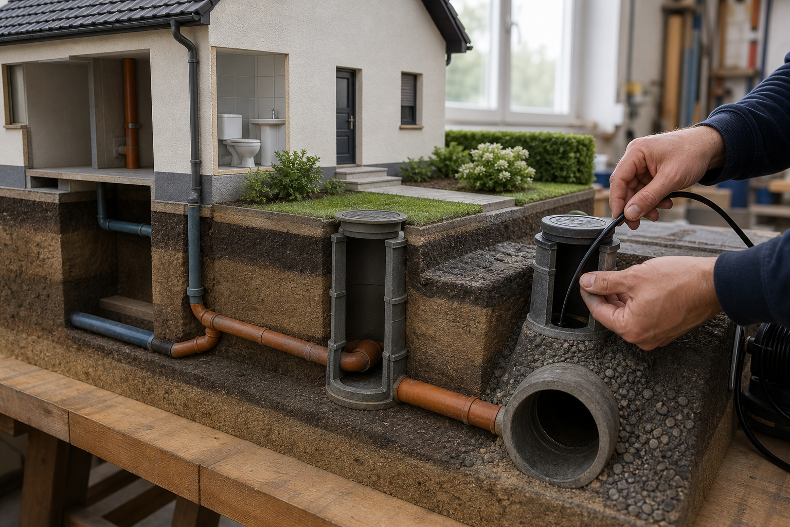 Schnittmodell mit privaten Entwässerungsleitungen, Schächten und öffentlichem Kanal.