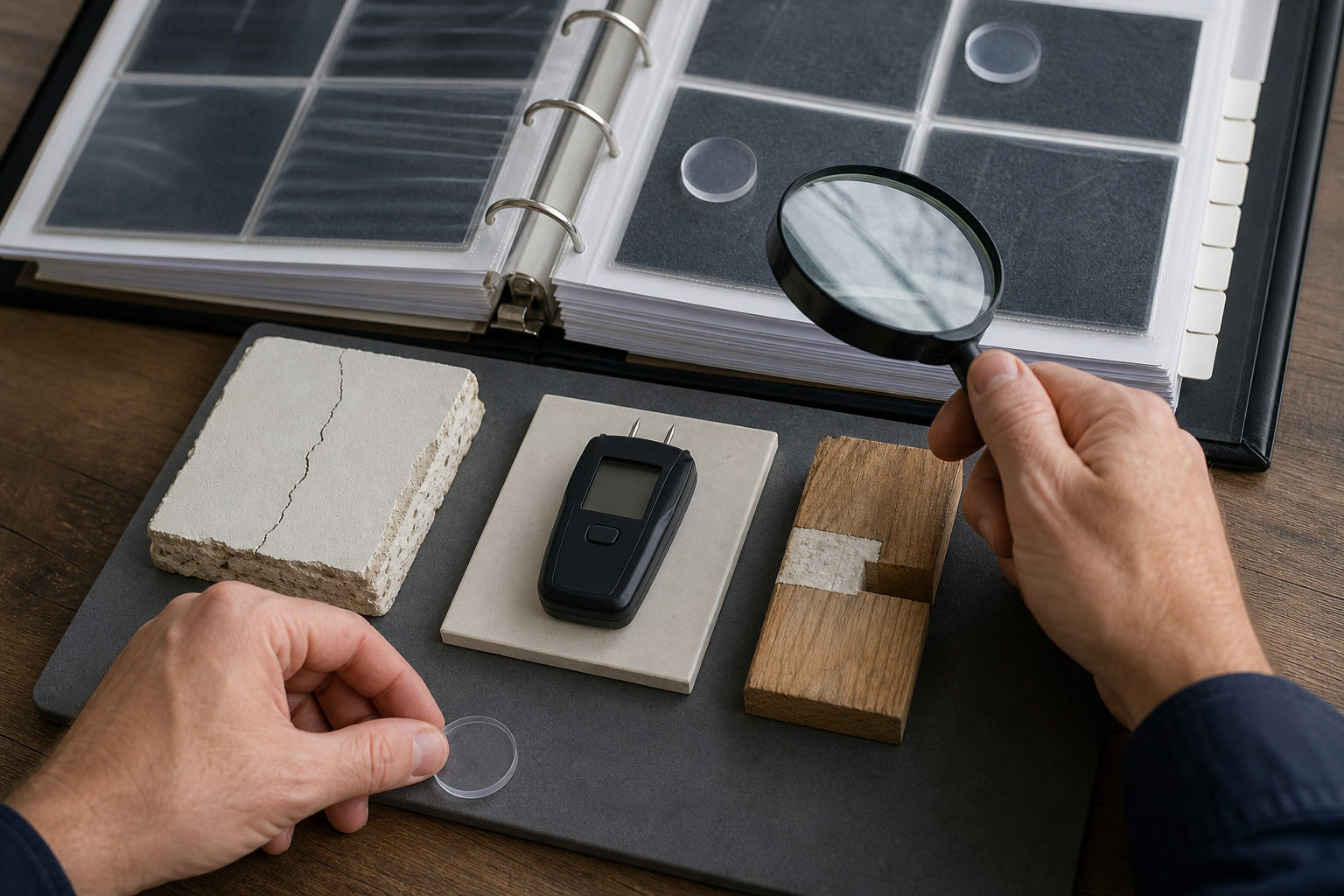 Materialbefunde, leeres Messgerät und gegliedertes Mängeljournal auf einem Prüftisch.