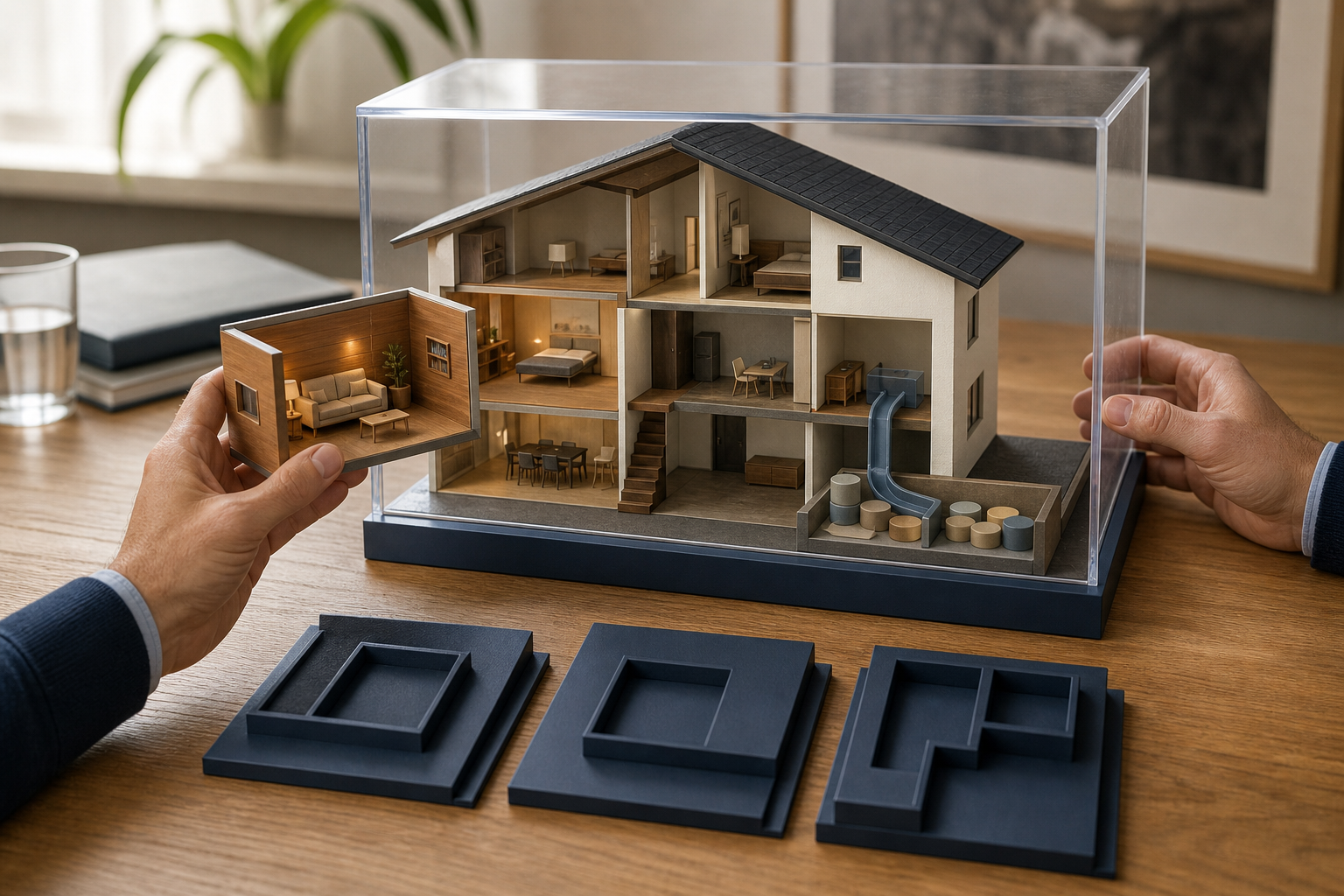Haus-Schnittmodell mit Eigentumsrahmen, separater Wohnzone und drei ungewählten Konfigurationen.