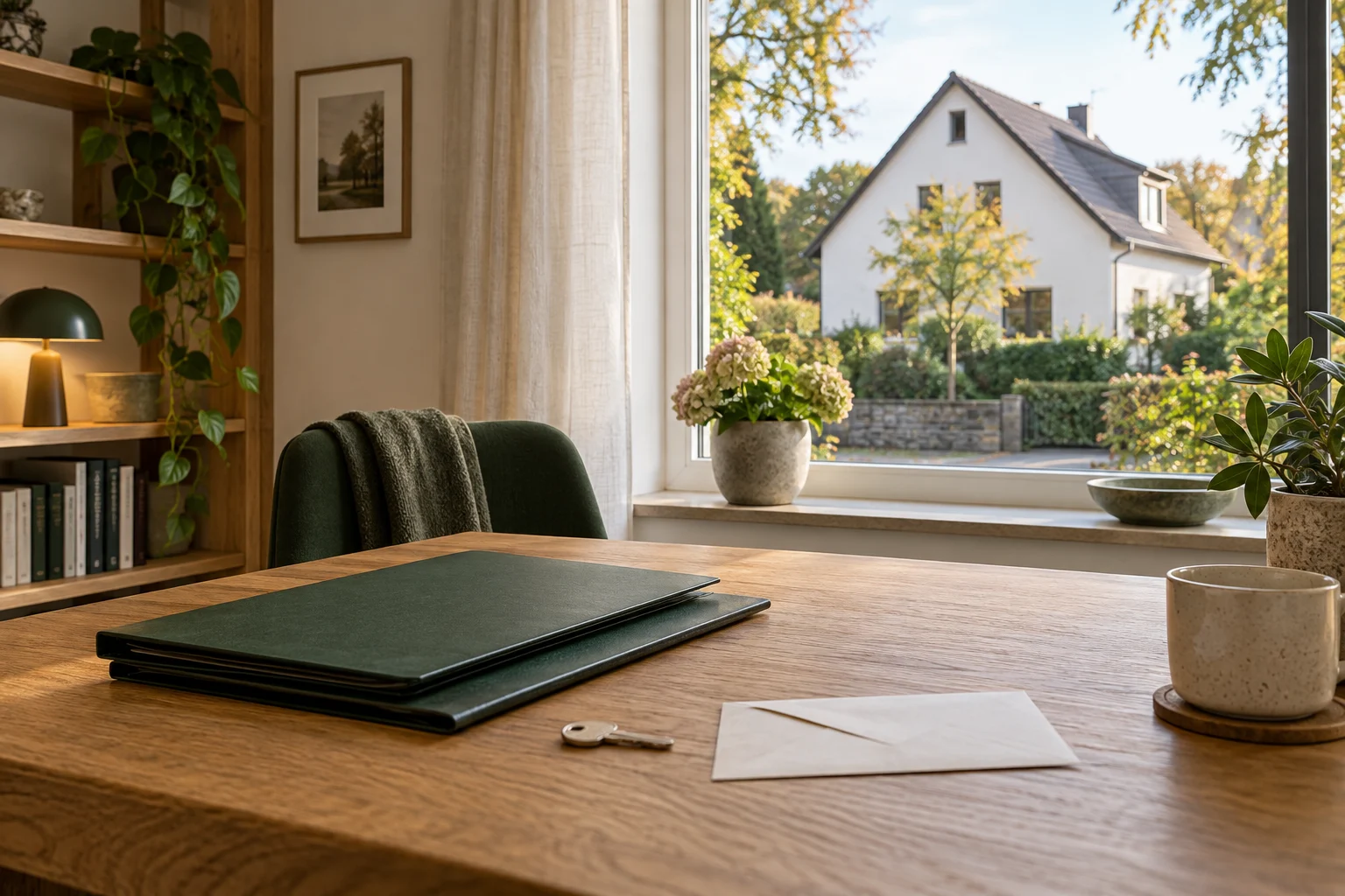 Geschlossene Unterlagenmappen und ein Hausschlüssel auf einem Tisch vor einem Fenster mit Blick auf ein Wohnhaus.
