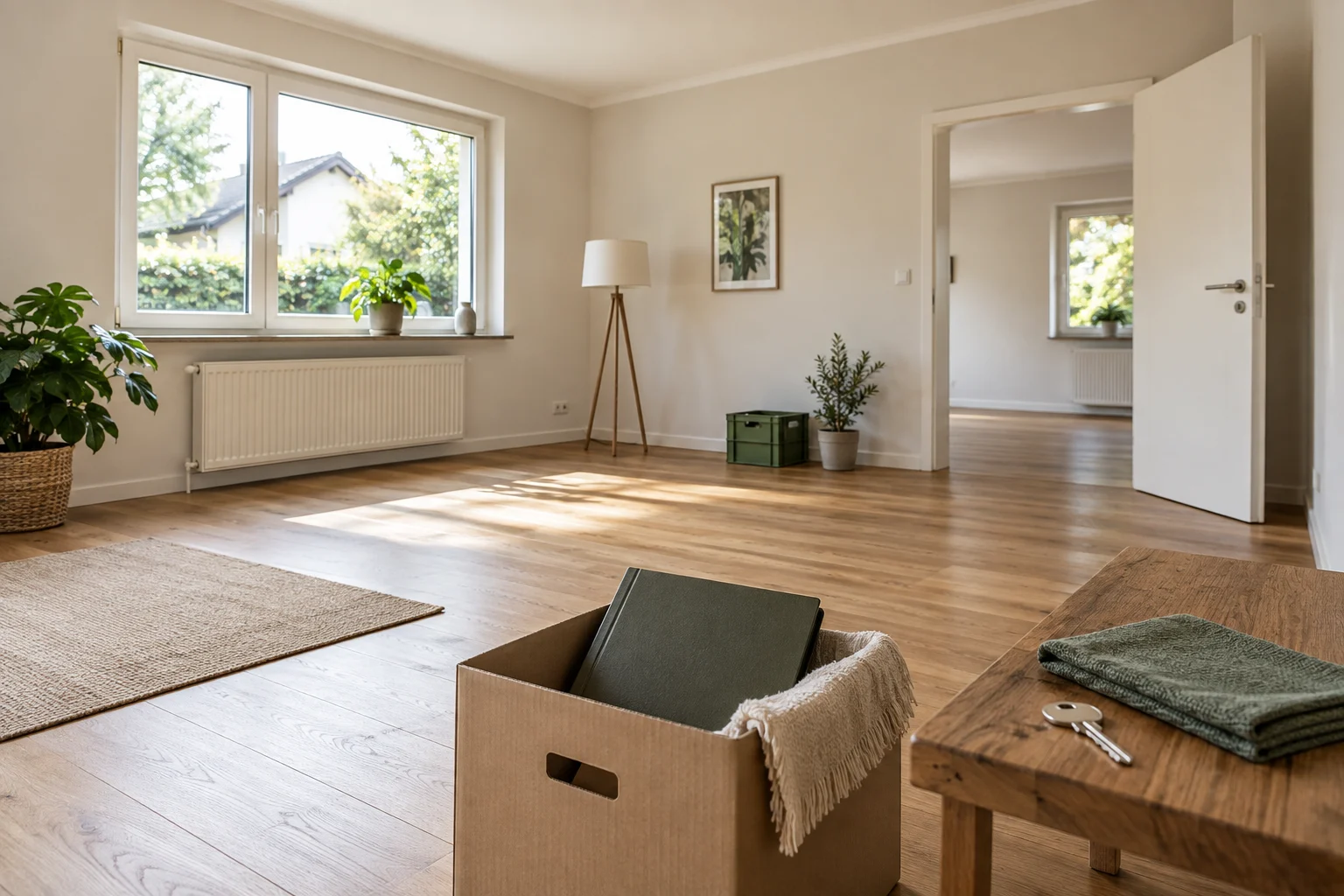 Heller leerer Wohnraum mit Umzugskarton, Unterlagenmappe und Hausschlüssel als Vorbereitung eines Hausverkaufs.